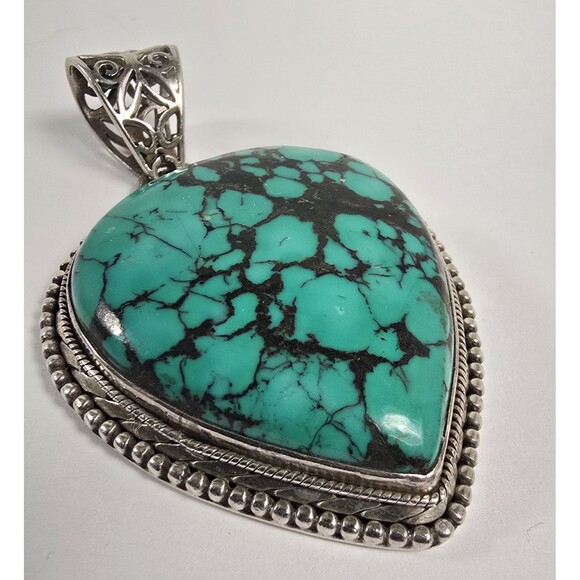 Sterling Silver Large Turquoise Pendant Heavy 42g Teardrop Beautiful - Picture 4 of 9